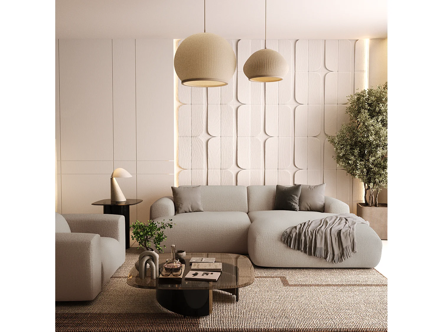 Canapé d'angle droit 4 places tissu tramé beige 266cm MYRA