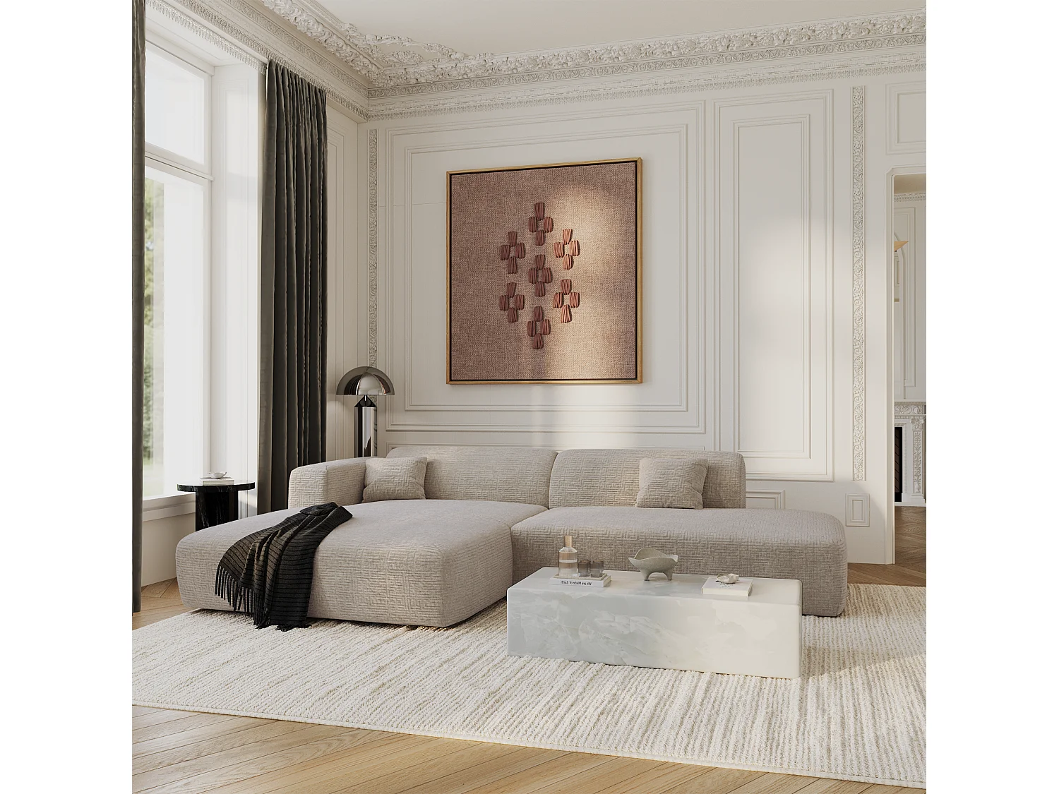 Canapé angle gauche ouvert velours à motifs beige 5 places MYRA