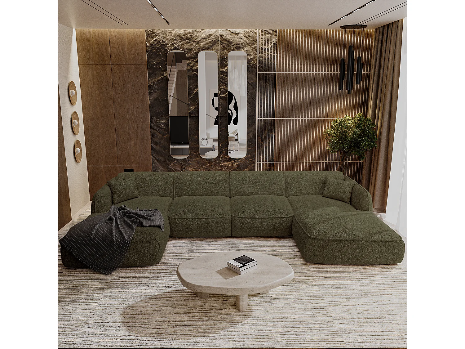 Canapé panoramique 7 places bouclette vert olive  LIVIA