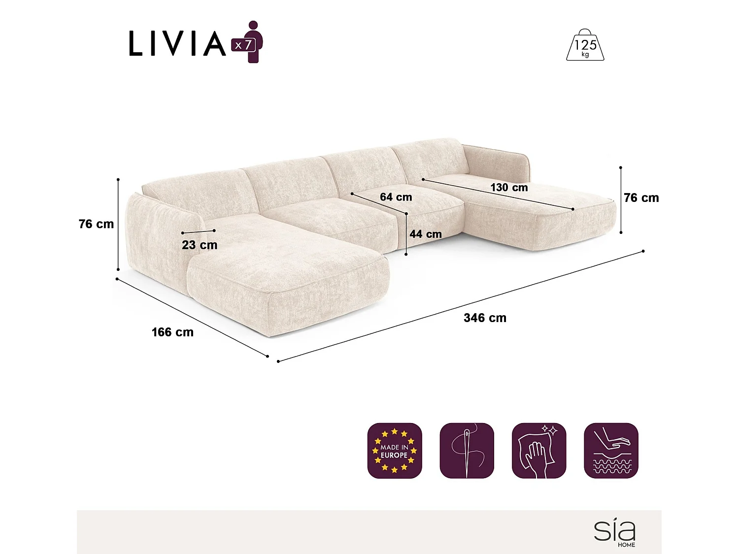 Canapé panoramique 7 places bouclette crème  LIVIA