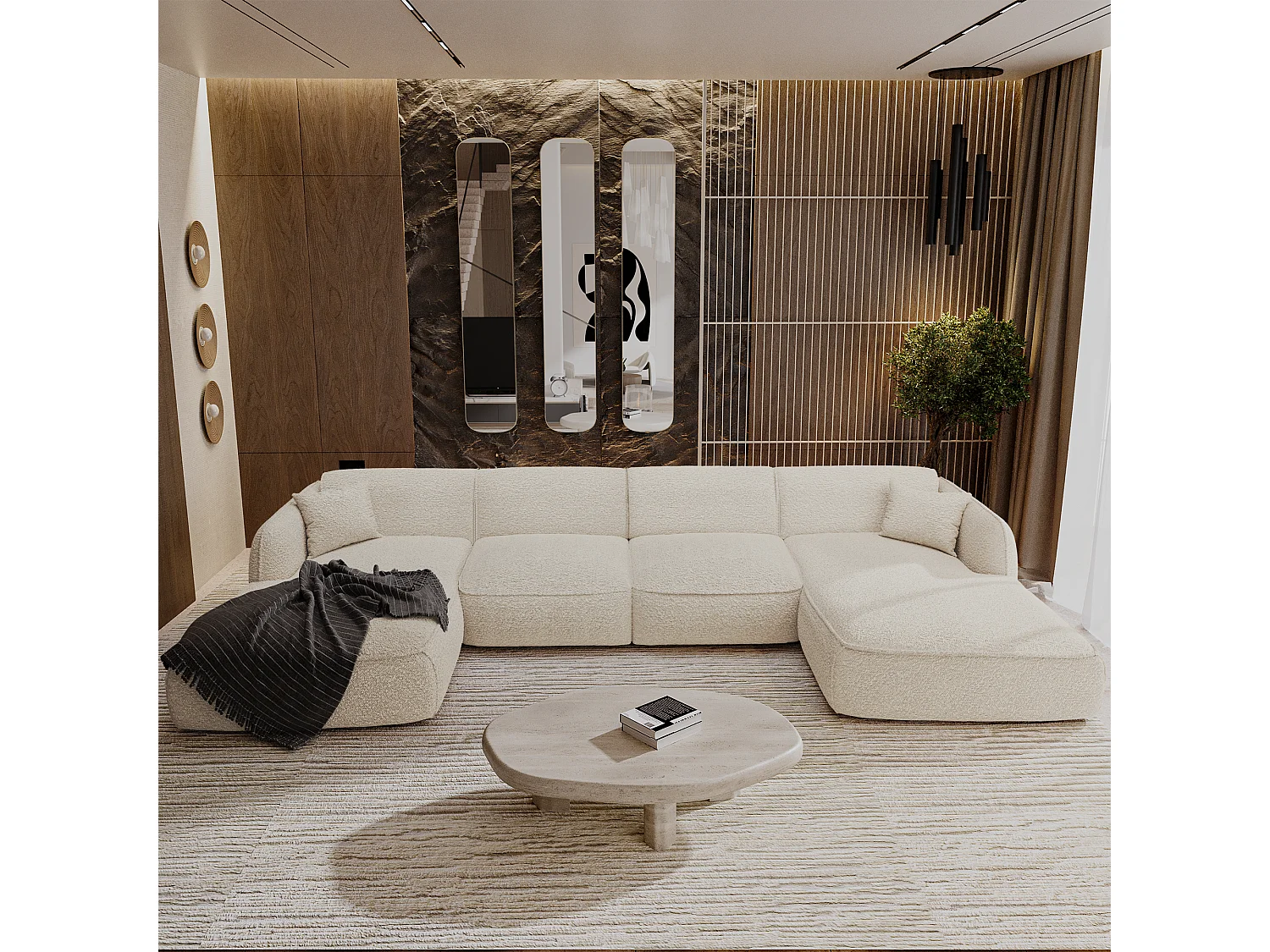 Canapé panoramique 7 places bouclette crème  LIVIA