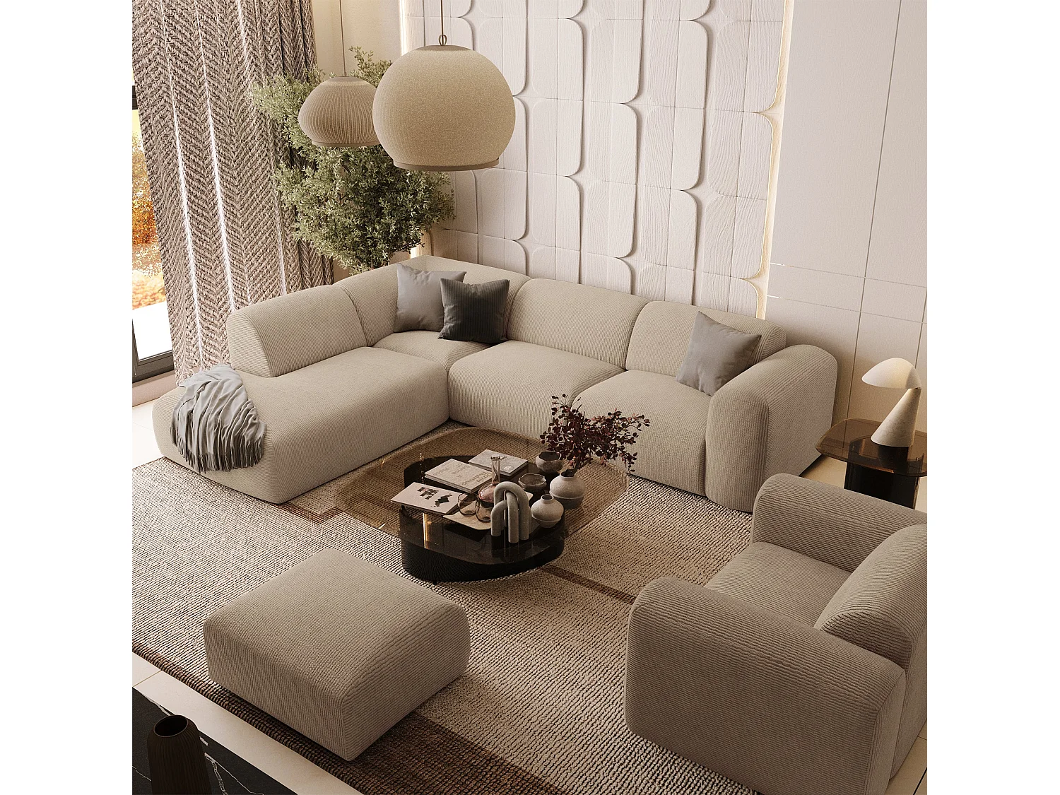 Canapé 5 places grand angle gauche velours côtelé beige MYRA