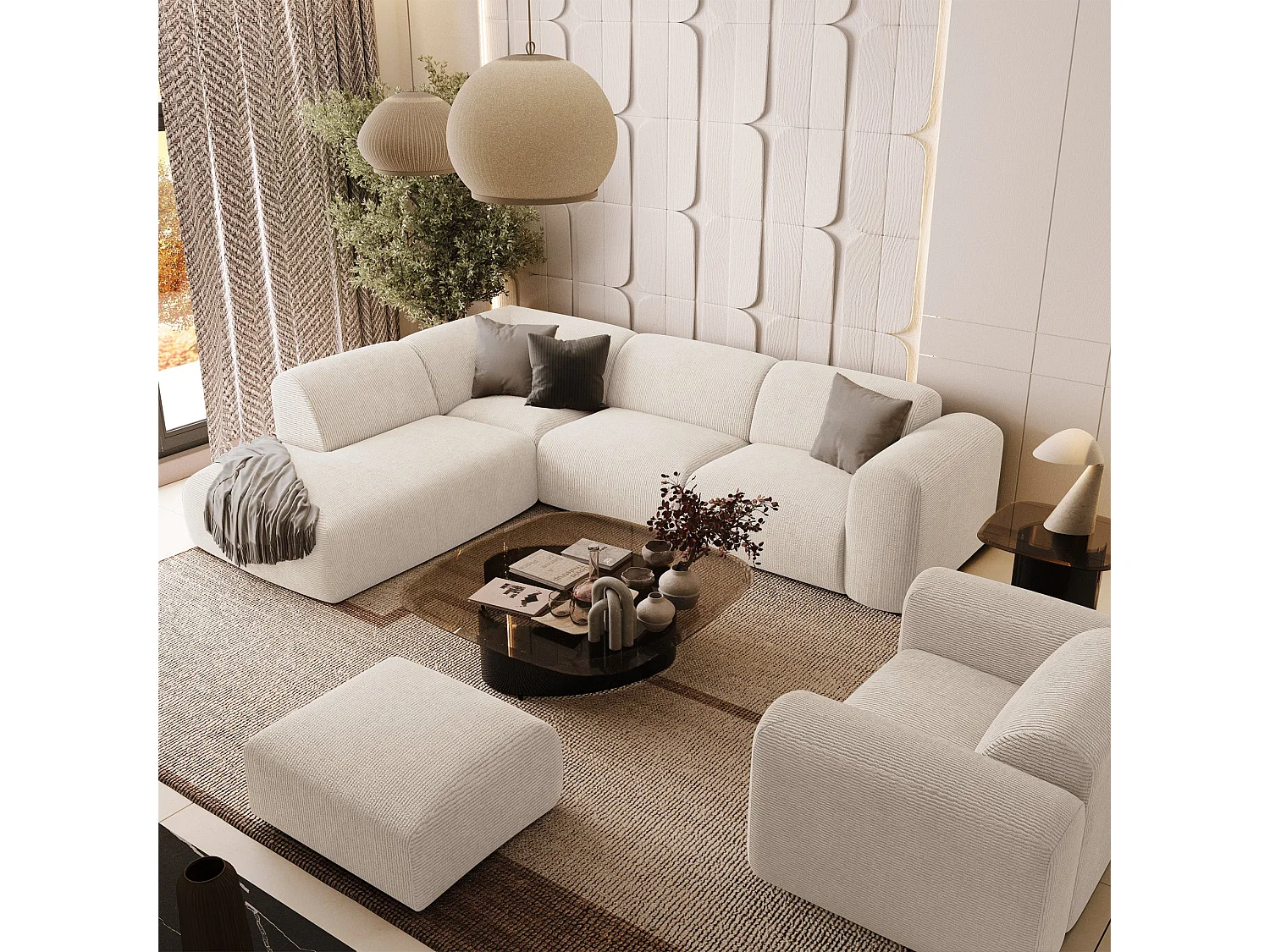 Canapé 5 places grand angle gauche velours côtelé crème MYRA