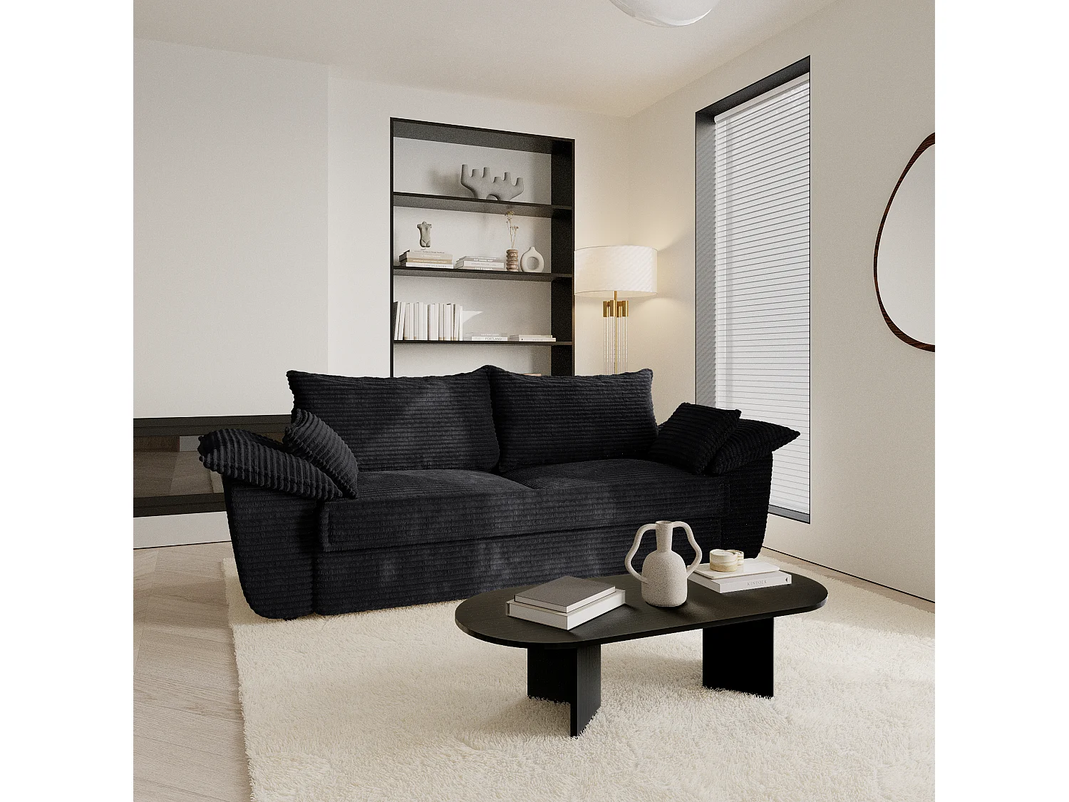 Canapé 3 places velours côtelé XXL noir 230cm SASHA