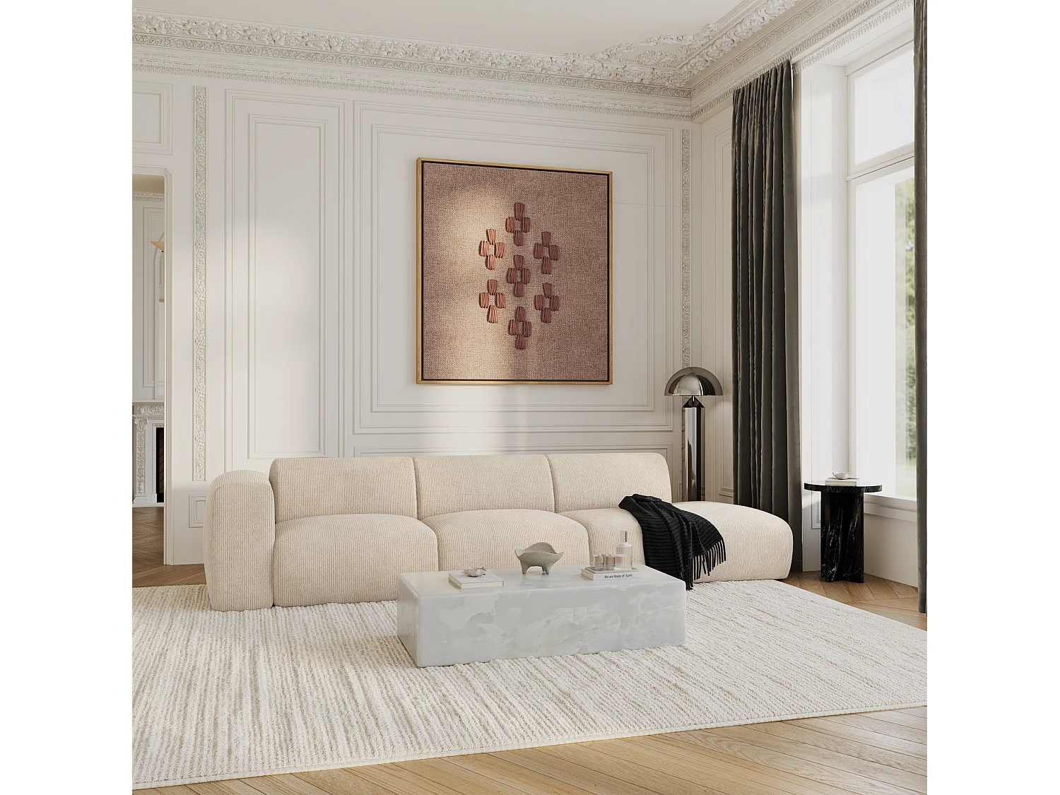 Canapé gauche 5 places velours côtelé crème 310cm MYRA