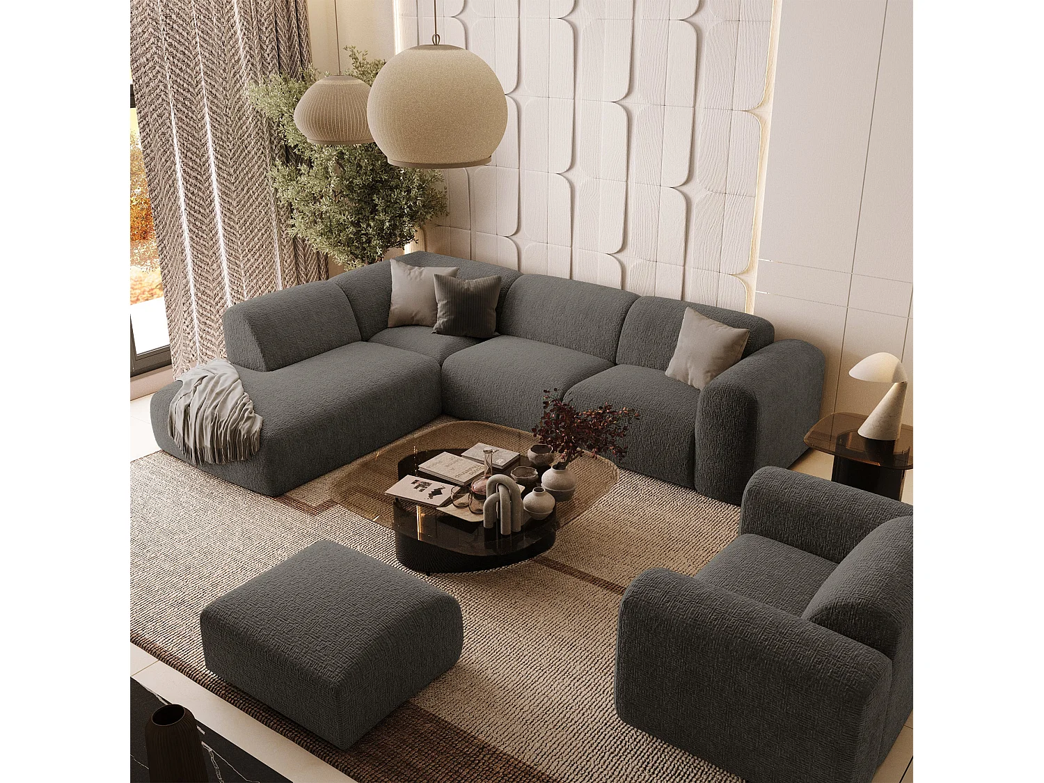 Canapé 5 places grand angle gauche velours à motifs gris MYRA