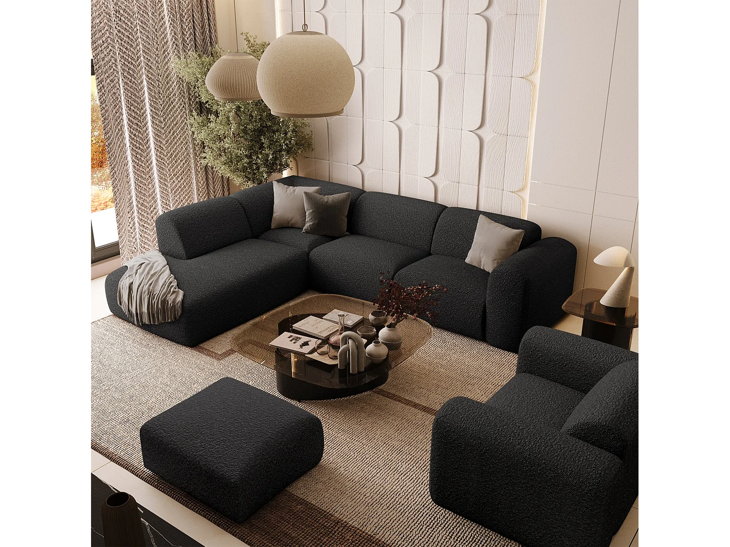 Canapé 5 places grand angle gauche bouclette anthracite foncé MYRA