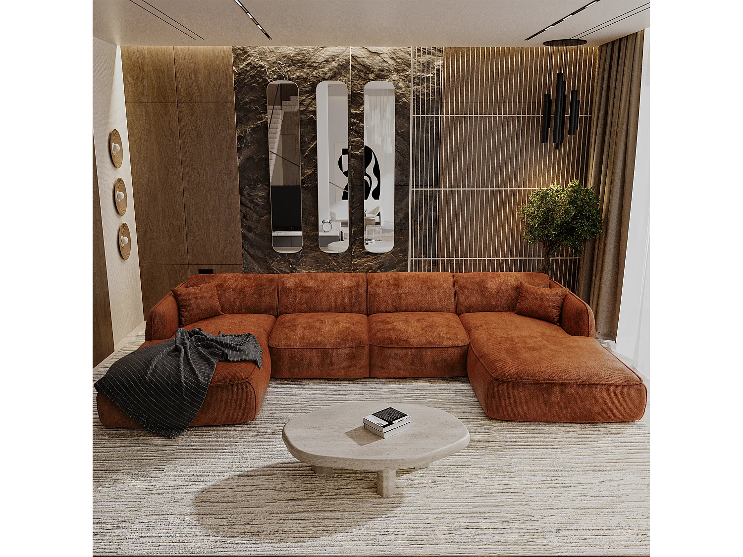 Canapé panoramique 7 places velours tramé terracotta  LIVIA