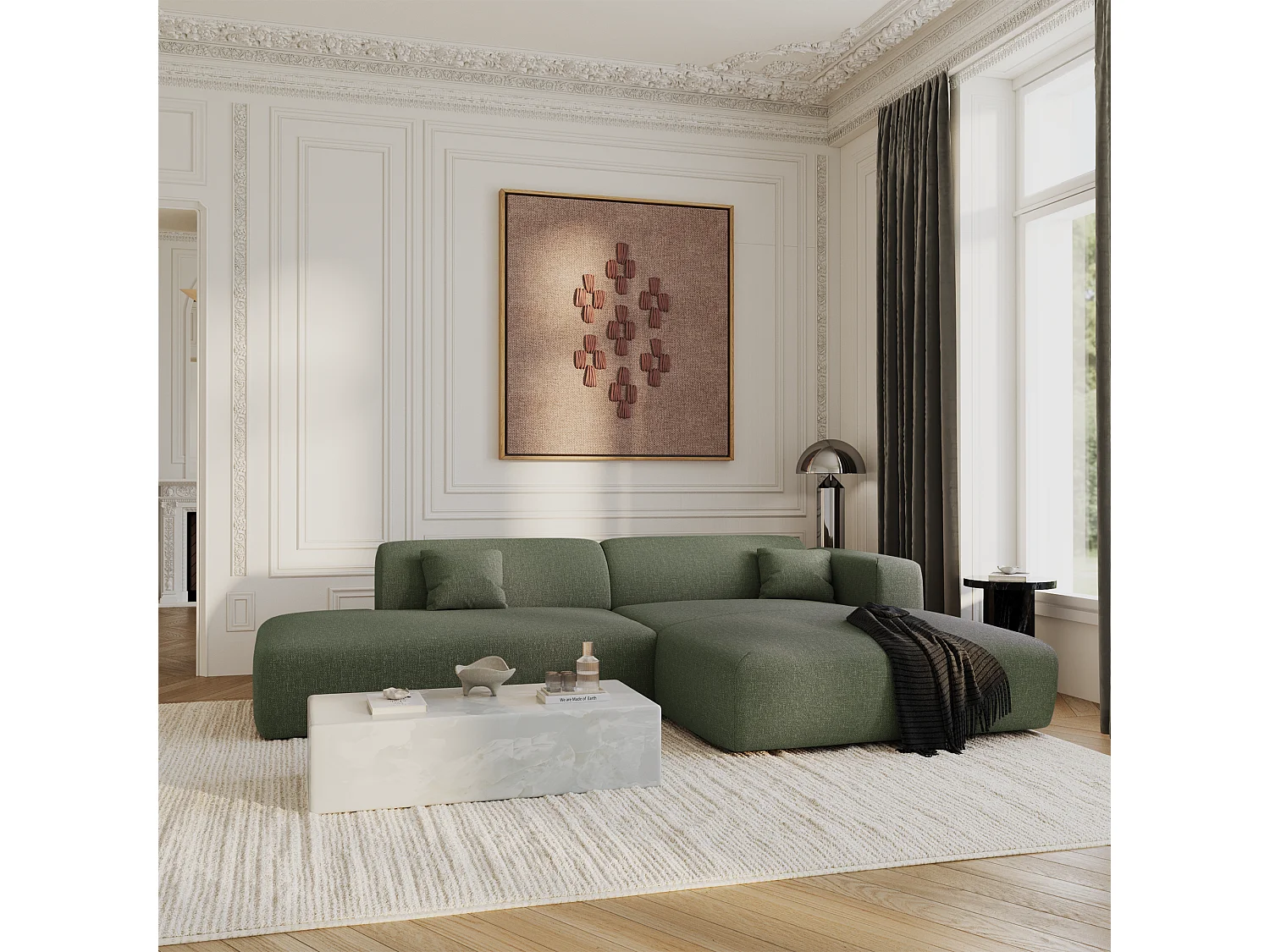 Canapé angle droit ouvert tissu tramé vert olive 5 places MYRA