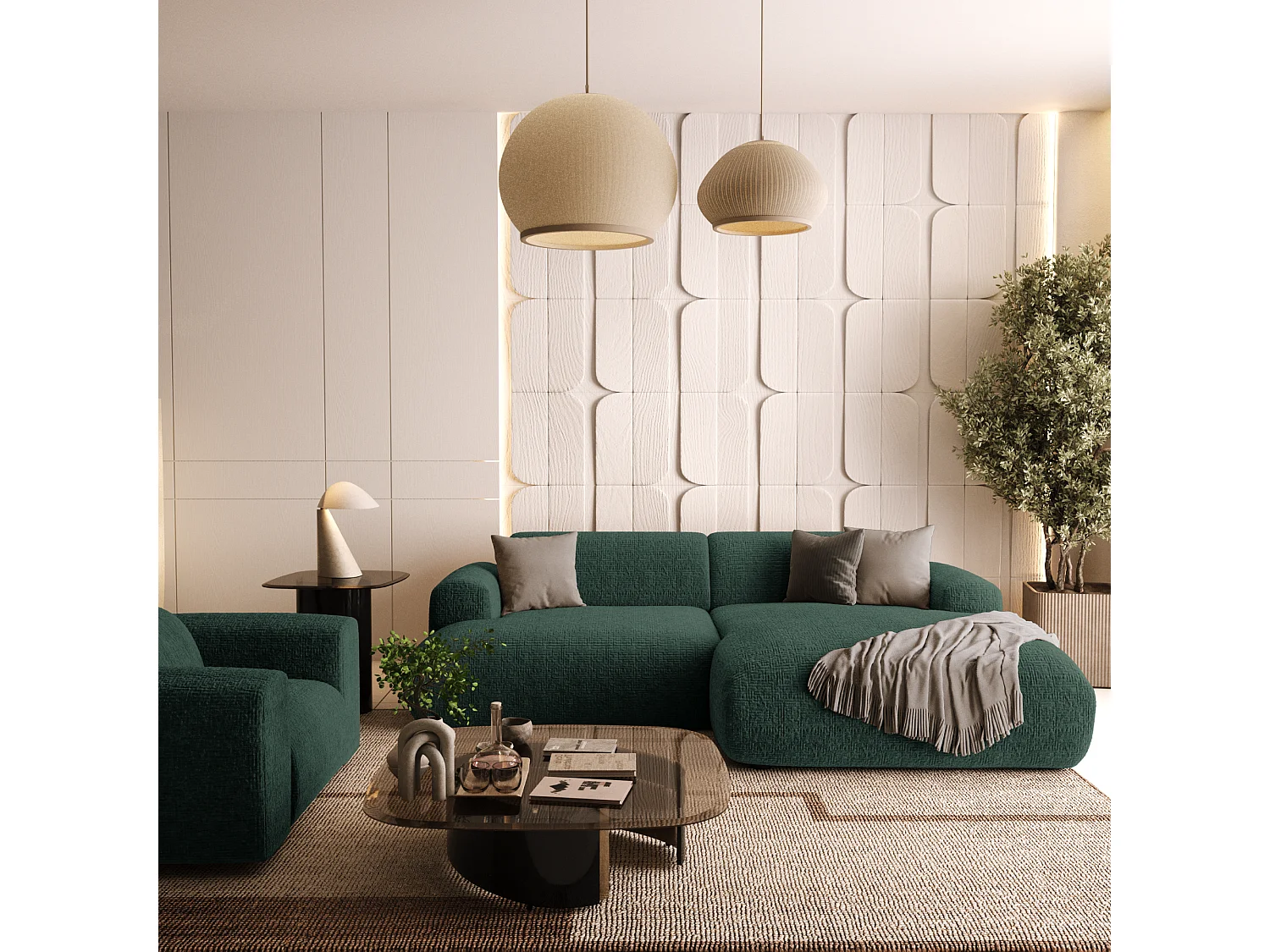 Canapé d'angle droit 4 places MYRA en velours à motifs vert émeraude