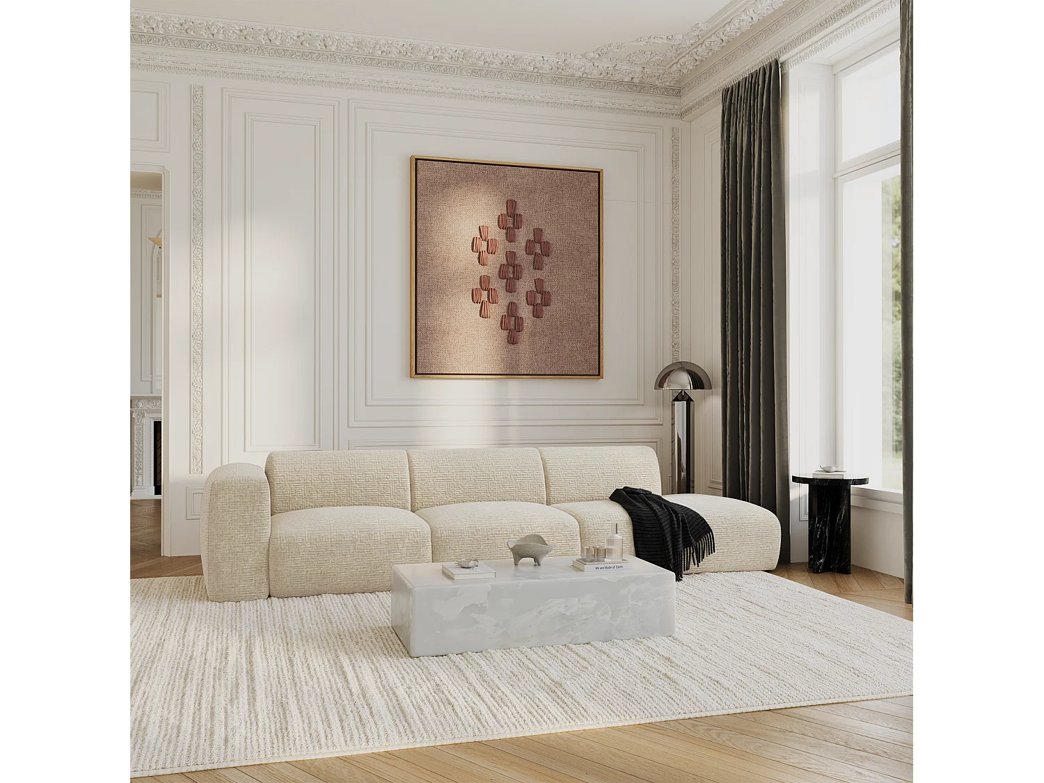 Canapé gauche 5 places velours à motifs crème 310cm MYRA