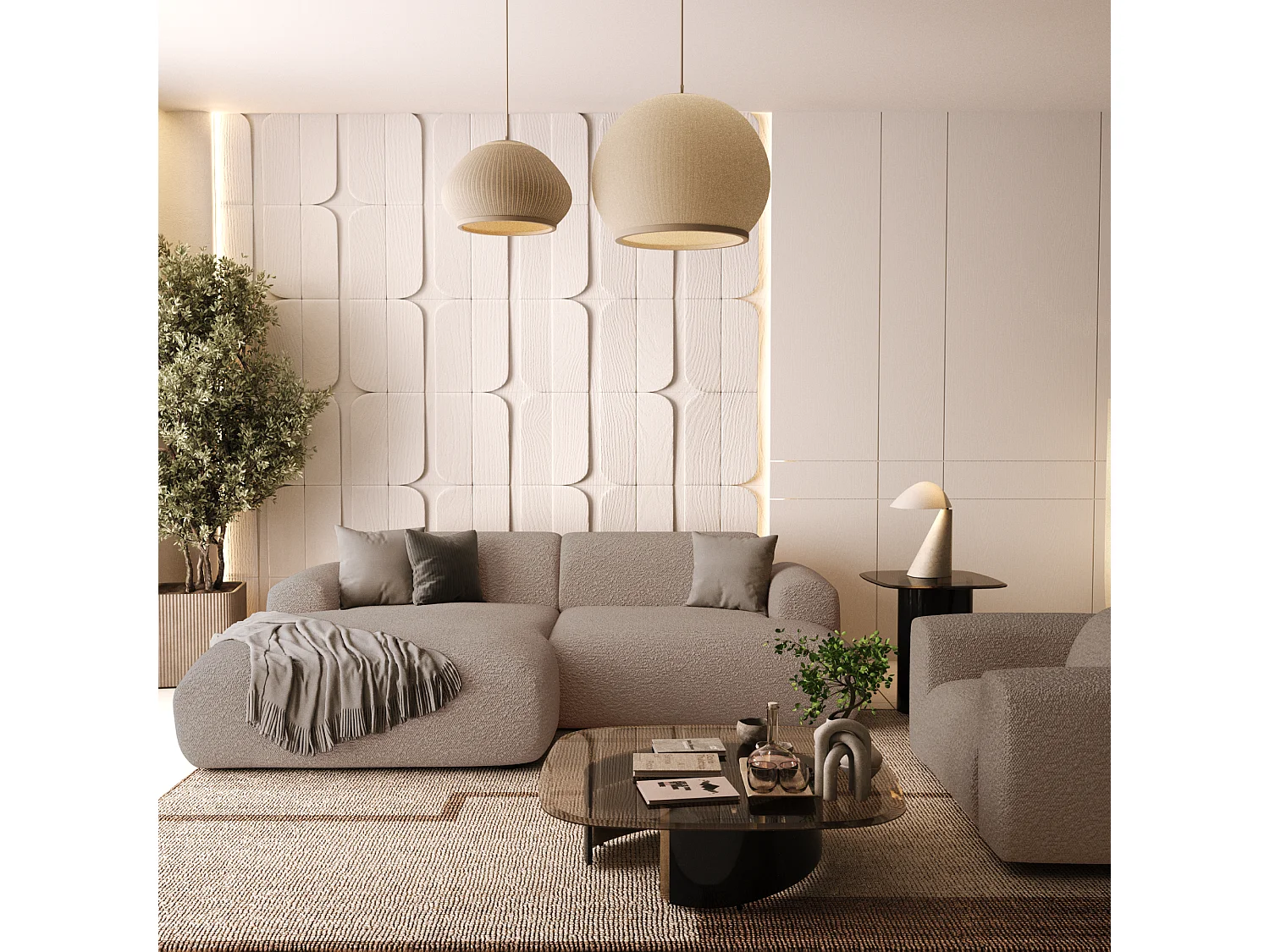 Canapé d'angle gauche 4 places bouclette taupe 266cm MYRA