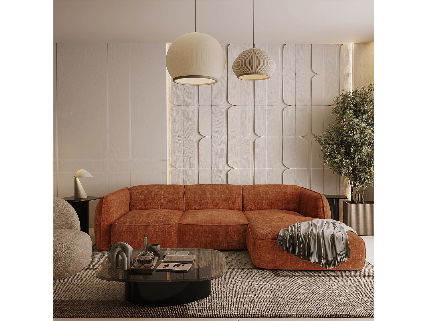 Canapé d'angle droit velours tramé terracotta LIVIA