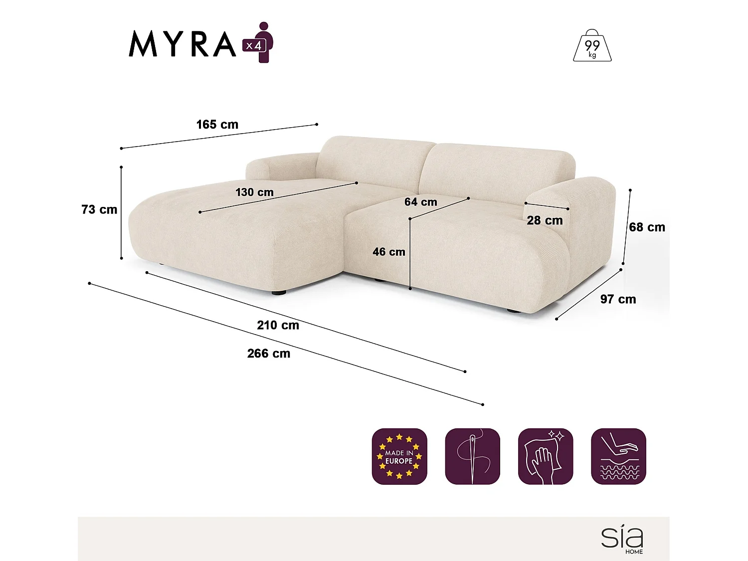 Canapé d'angle gauche 4 places MYRA en velours à motifs beige