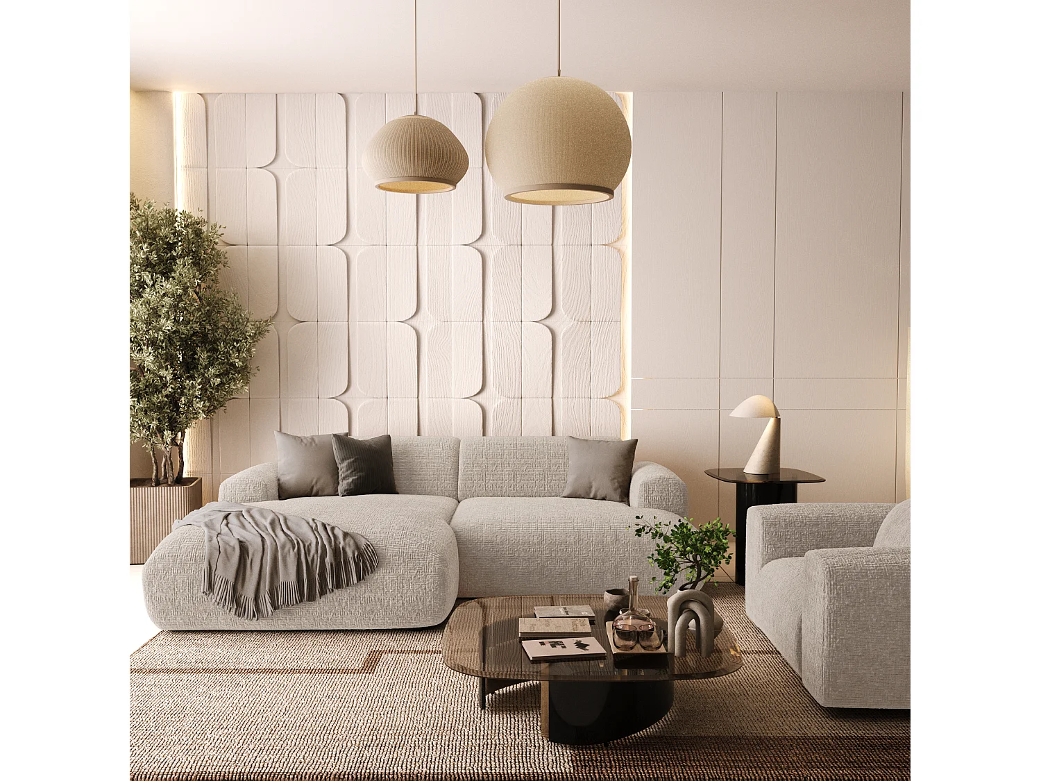 Canapé d'angle gauche 4 places velours à motifs beige 266cm MYRA