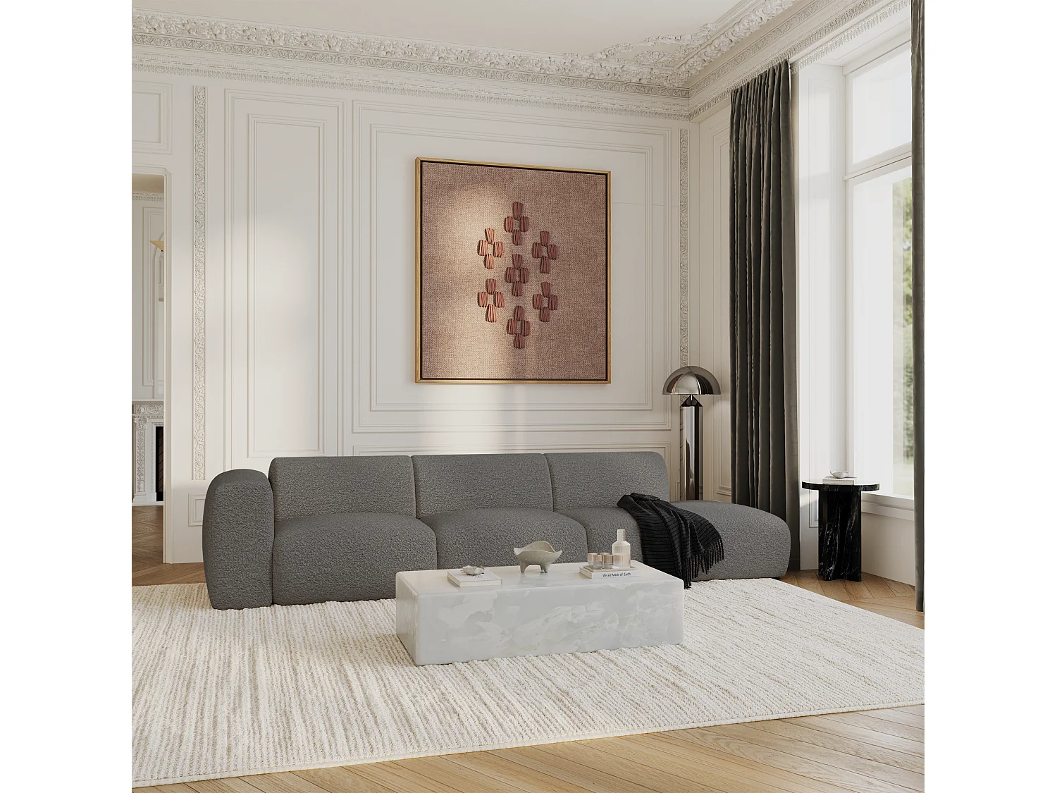 Canapé gauche 5 places bouclette gris graphite 310cm MYRA