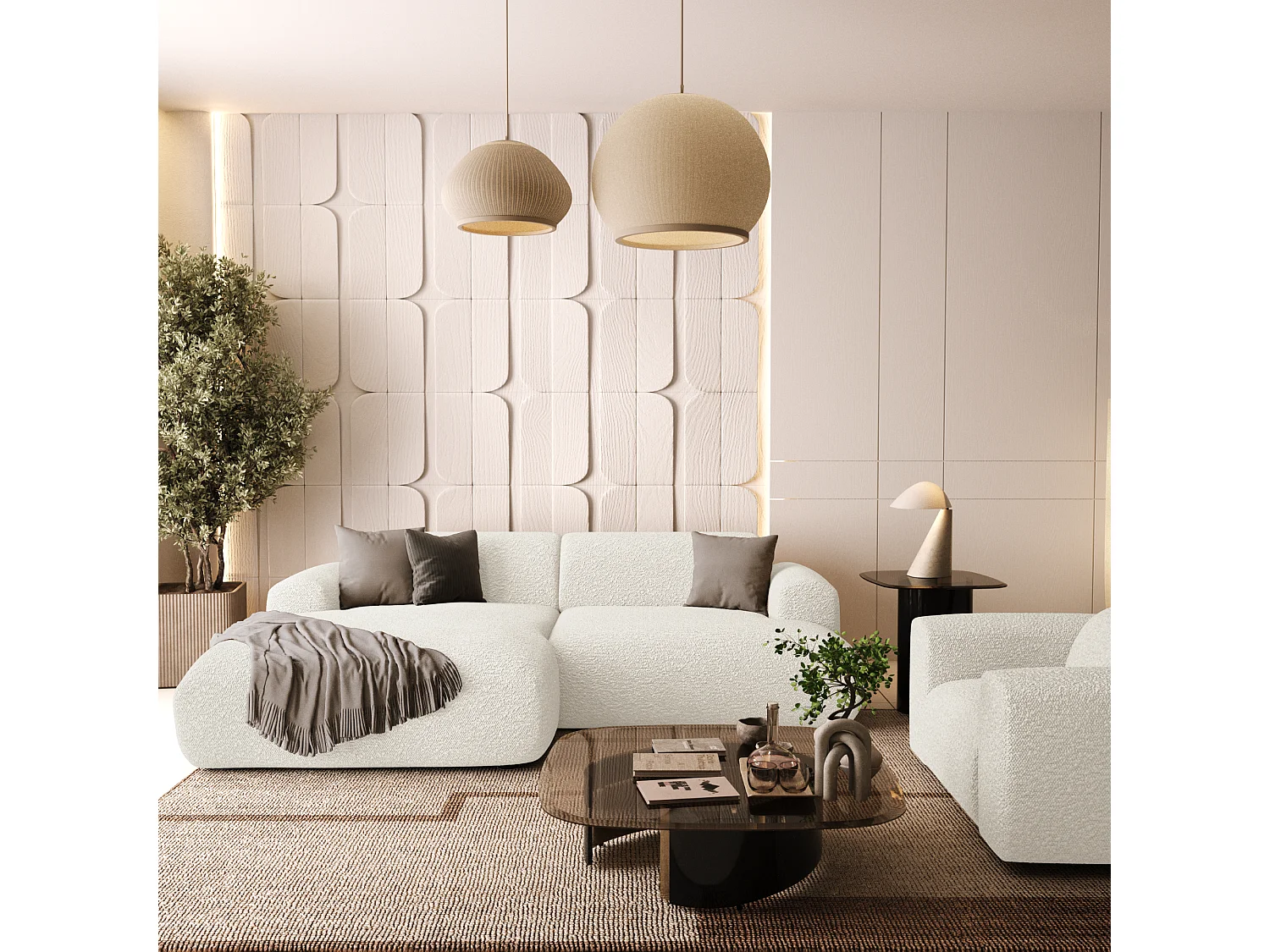 Canapé d'angle gauche 4 places bouclette crème 266cm MYRA