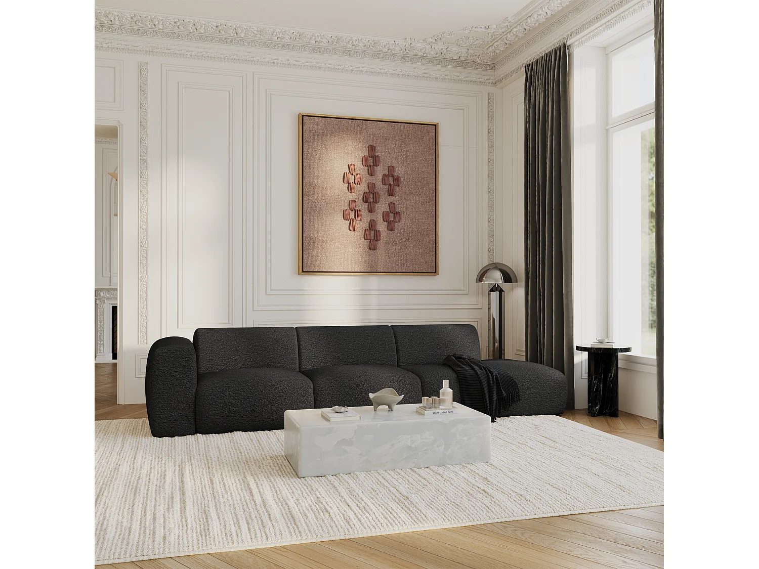 Canapé gauche 5 places bouclette anthracite foncé 310cm MYRA