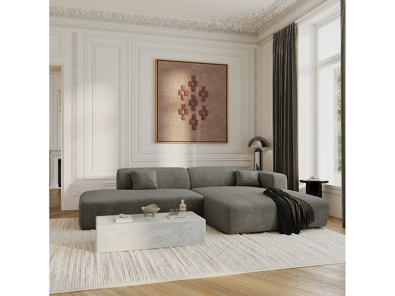 Canapé angle droit ouvert velours à motifs gris 5 places MYRA