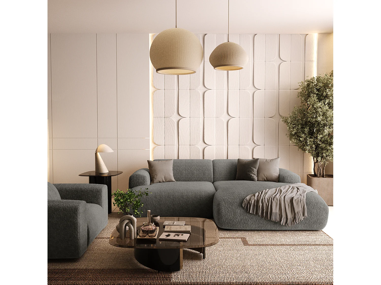 Canapé d'angle droit 4 places velours à motifs gris 266cm MYRA