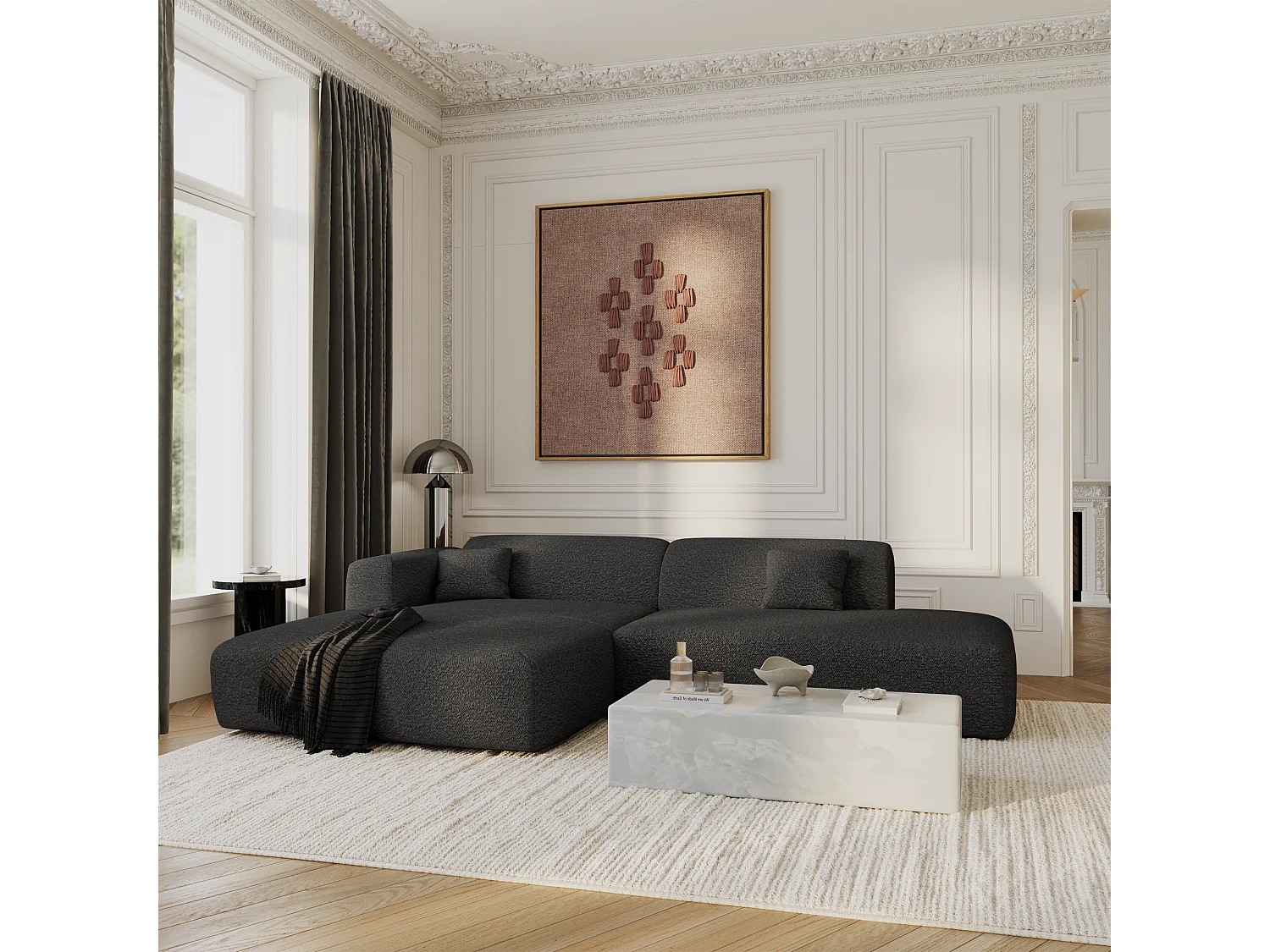 Canapé angle gauche ouvert tissu bouclette anthracite foncé 5 places MYRA