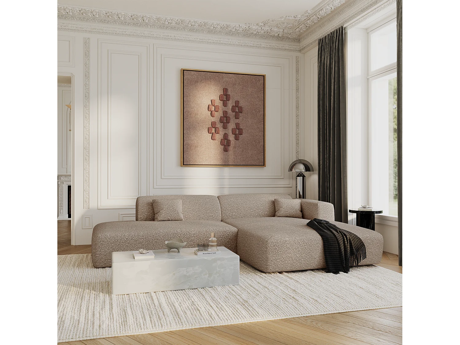 Canapé angle droit ouvert tissu bouclette taupe 5 places MYRA