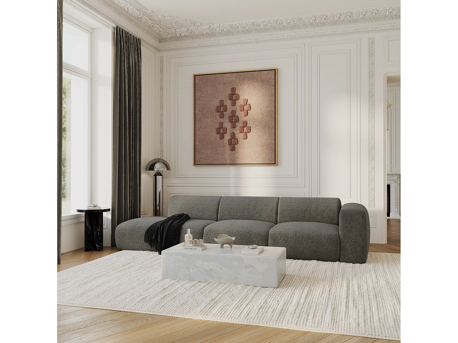 Canapé droit 5 places velours à motifs gris 310cm MYRA