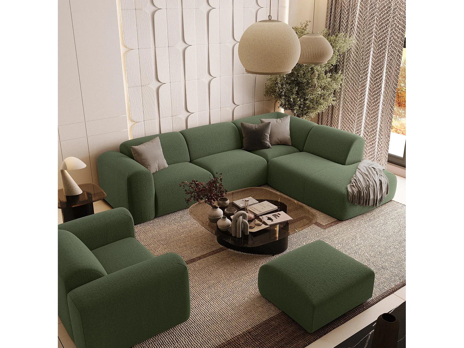 Canapé grand angle droit 5 places tissu tramé vert olive MYRA