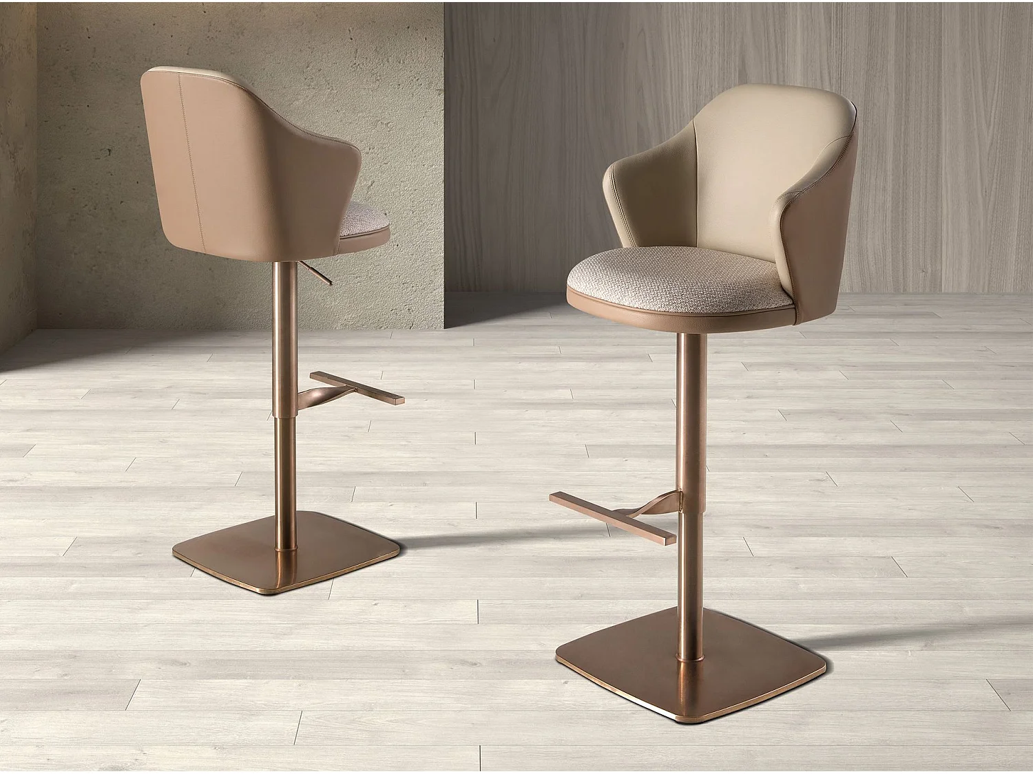 Drehbarer Hocker aus cremefarben meliertem Stoff und braunem Kunstleder 4232 ANGEL CERDA