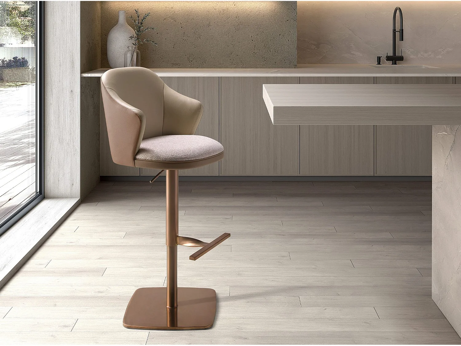 Drehbarer Hocker aus cremefarben meliertem Stoff und braunem Kunstleder 4232 ANGEL CERDA