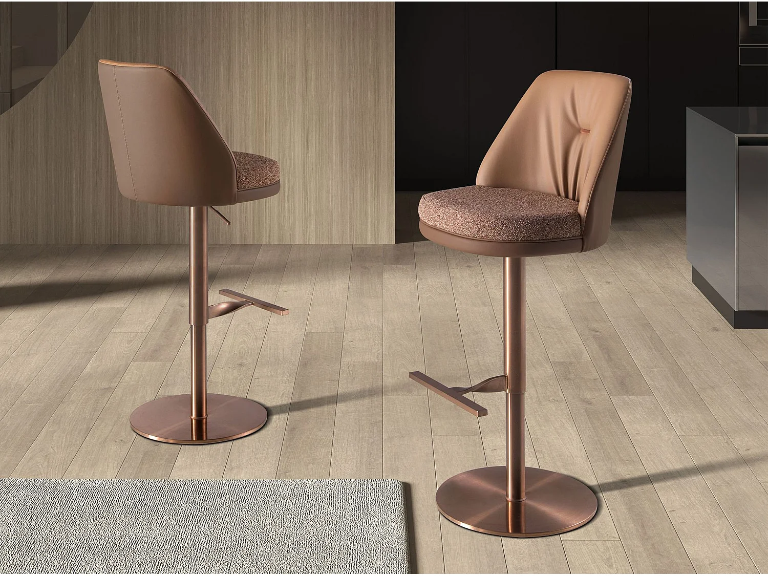 Tabouret pivotant en tissu marron marbré et similicuir marron 4227 ANGEL CERDA