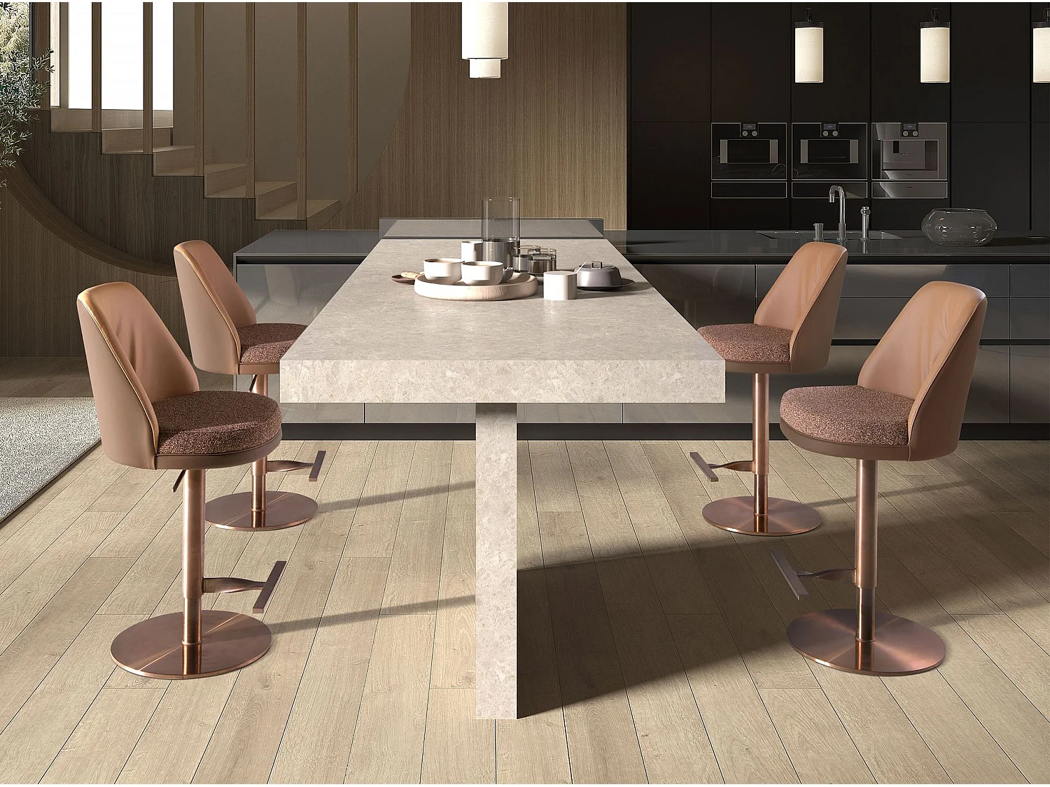 Tabouret pivotant en tissu marron marbré et similicuir marron 4227 ANGEL CERDA