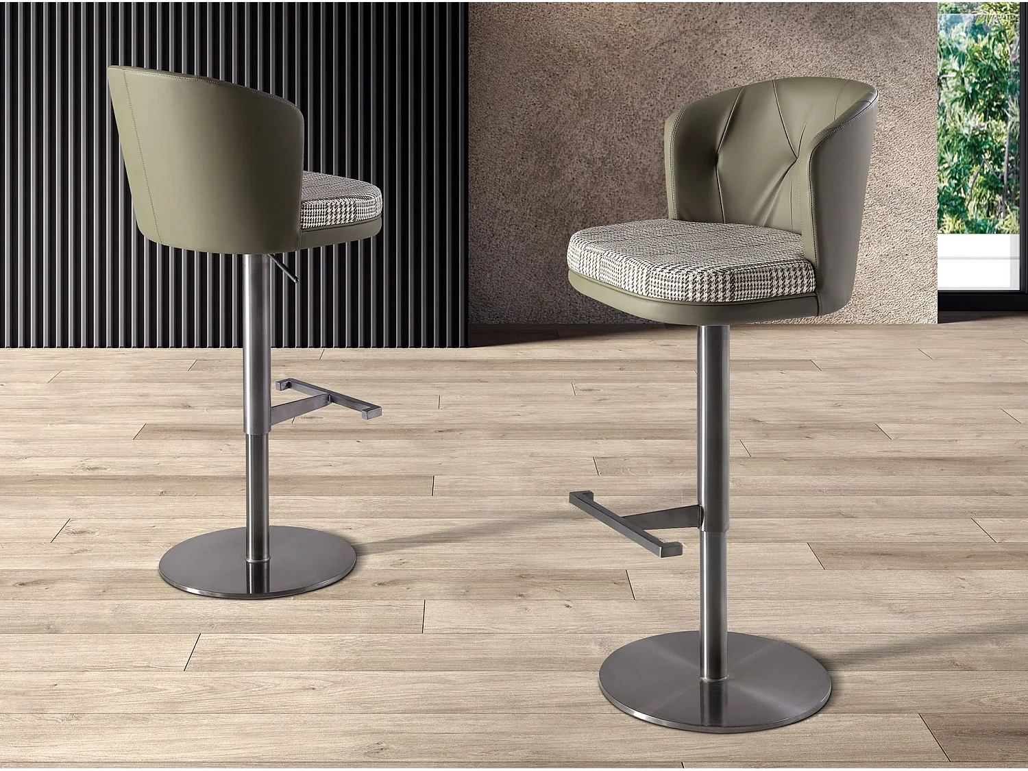 Tabouret pivotant en tissu vert foncé et blanc et similicuir vert olive 4228 ANGEL CERDA