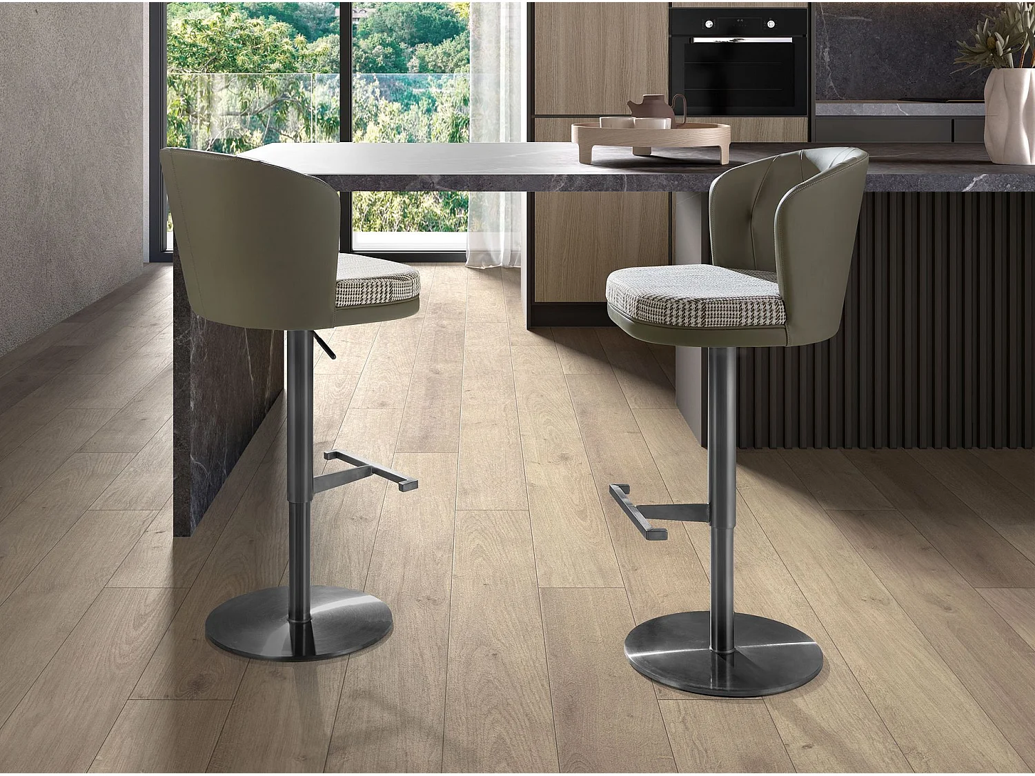 Tabouret pivotant en tissu vert foncé et blanc et similicuir vert olive 4228 ANGEL CERDA