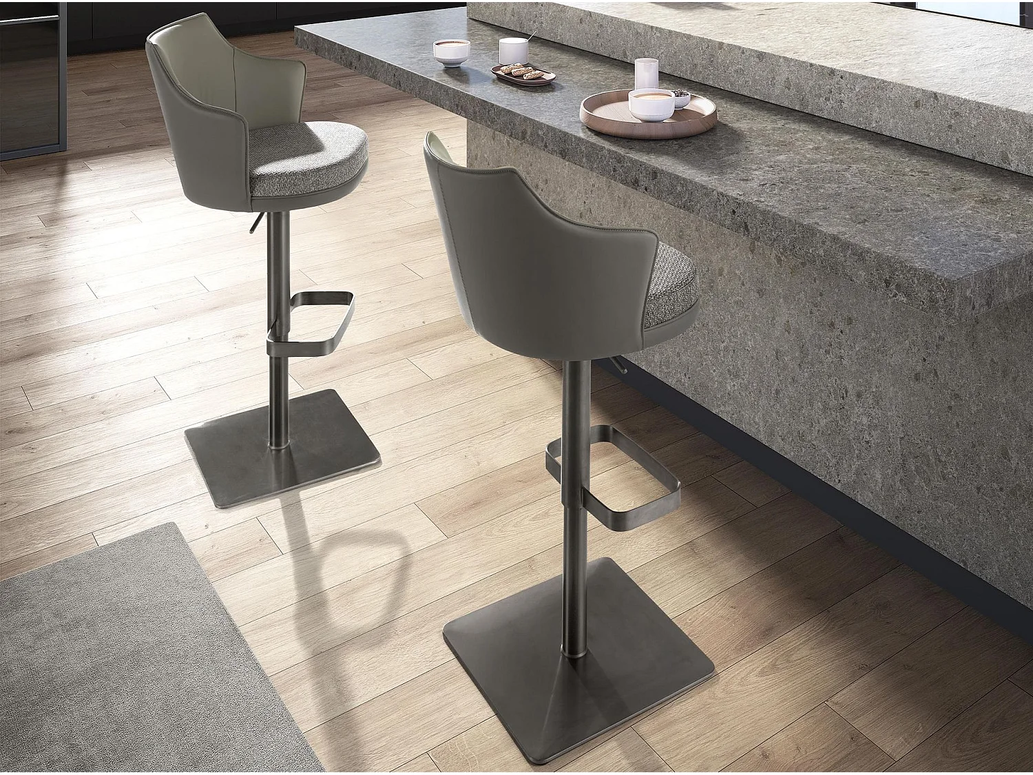 Tabouret pivotant en tissu gris marbré et similicuir gris foncé 4231 ANGEL CERDA