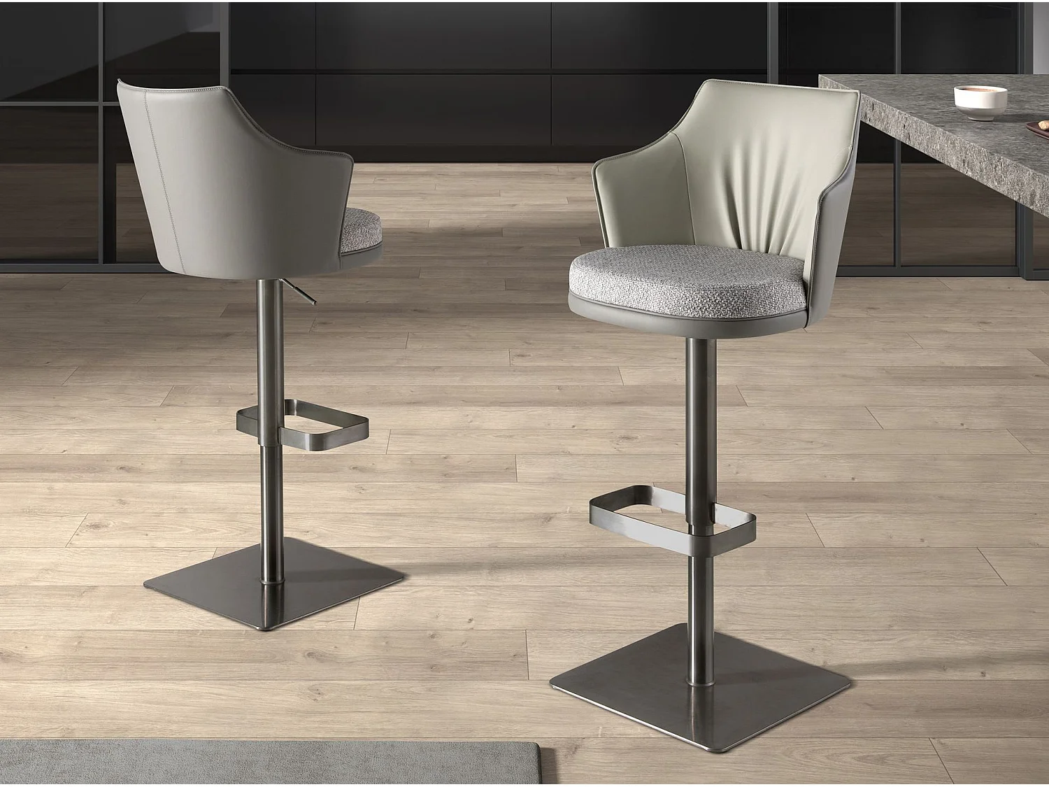 Tabouret pivotant en tissu gris marbré et similicuir gris foncé 4231 ANGEL CERDA