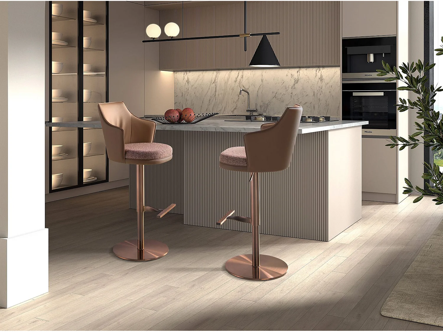 Tabouret pivotant en tissu marron marbré et similicuir marron 4226 ANGEL CERDA