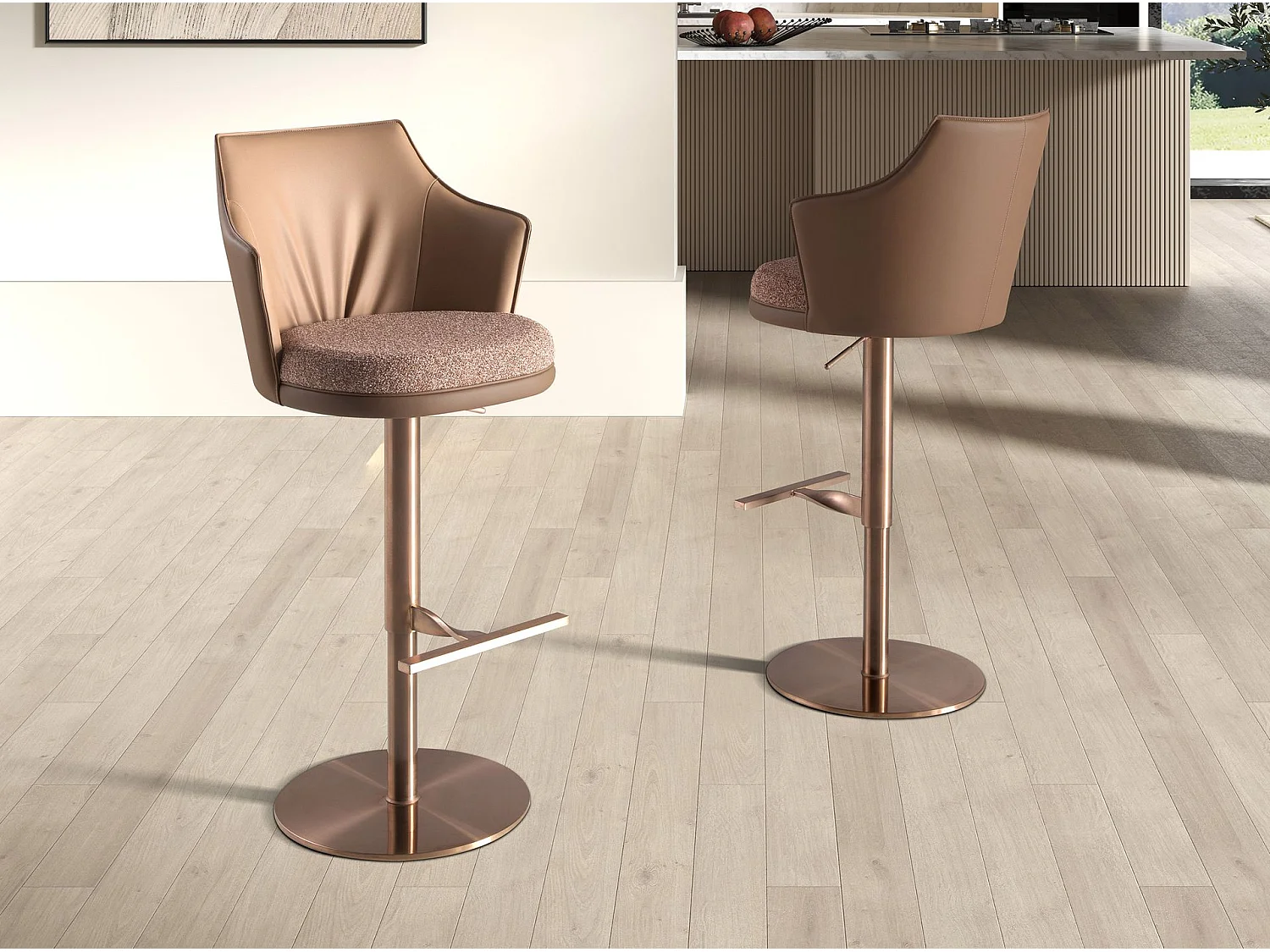 Tabouret pivotant en tissu marron marbré et similicuir marron 4226 ANGEL CERDA
