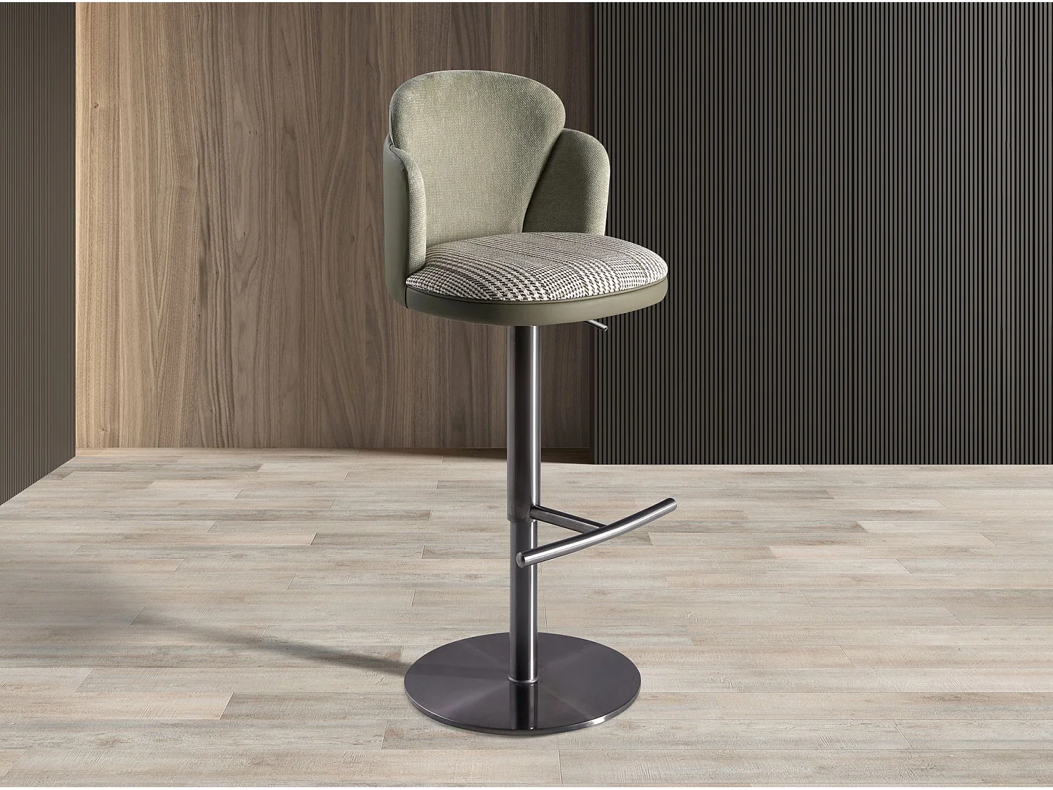 Tabouret pivotant en tissu vert foncé et blanc et similicuir vert olive 4233 ANGEL CERDA