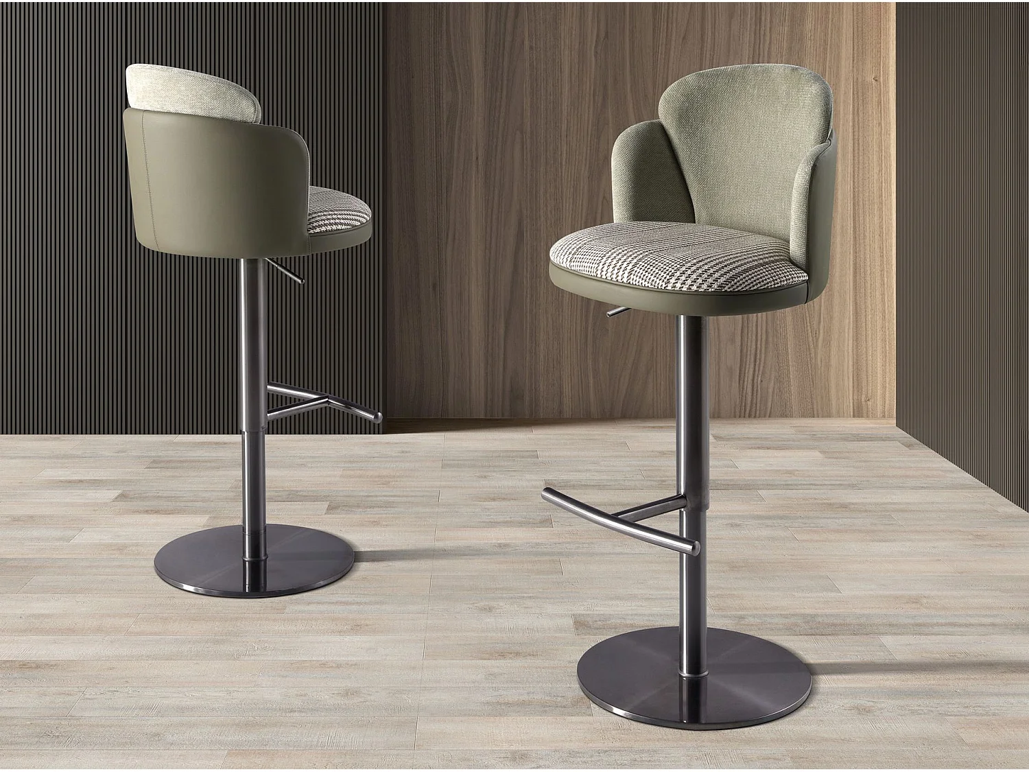 Tabouret pivotant en tissu vert foncé et blanc et similicuir vert olive 4233 ANGEL CERDA