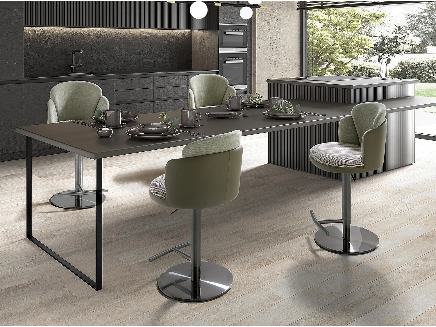 Tabouret pivotant en tissu vert foncé et blanc et similicuir vert olive 4233 ANGEL CERDA