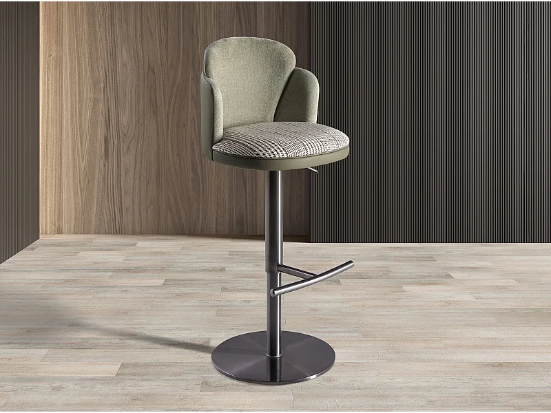 Tabouret pivotant en tissu vert foncé et blanc et similicuir vert olive 4233 ANGEL CERDA