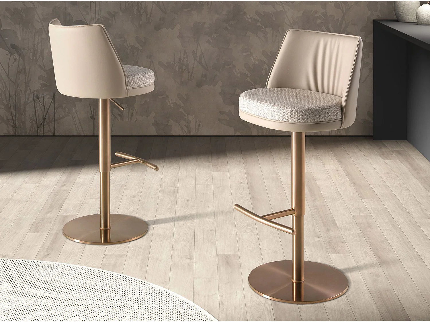 Tabouret pivotant en tissu crème marbré et similicuir crème 4234 ANGEL CERDA