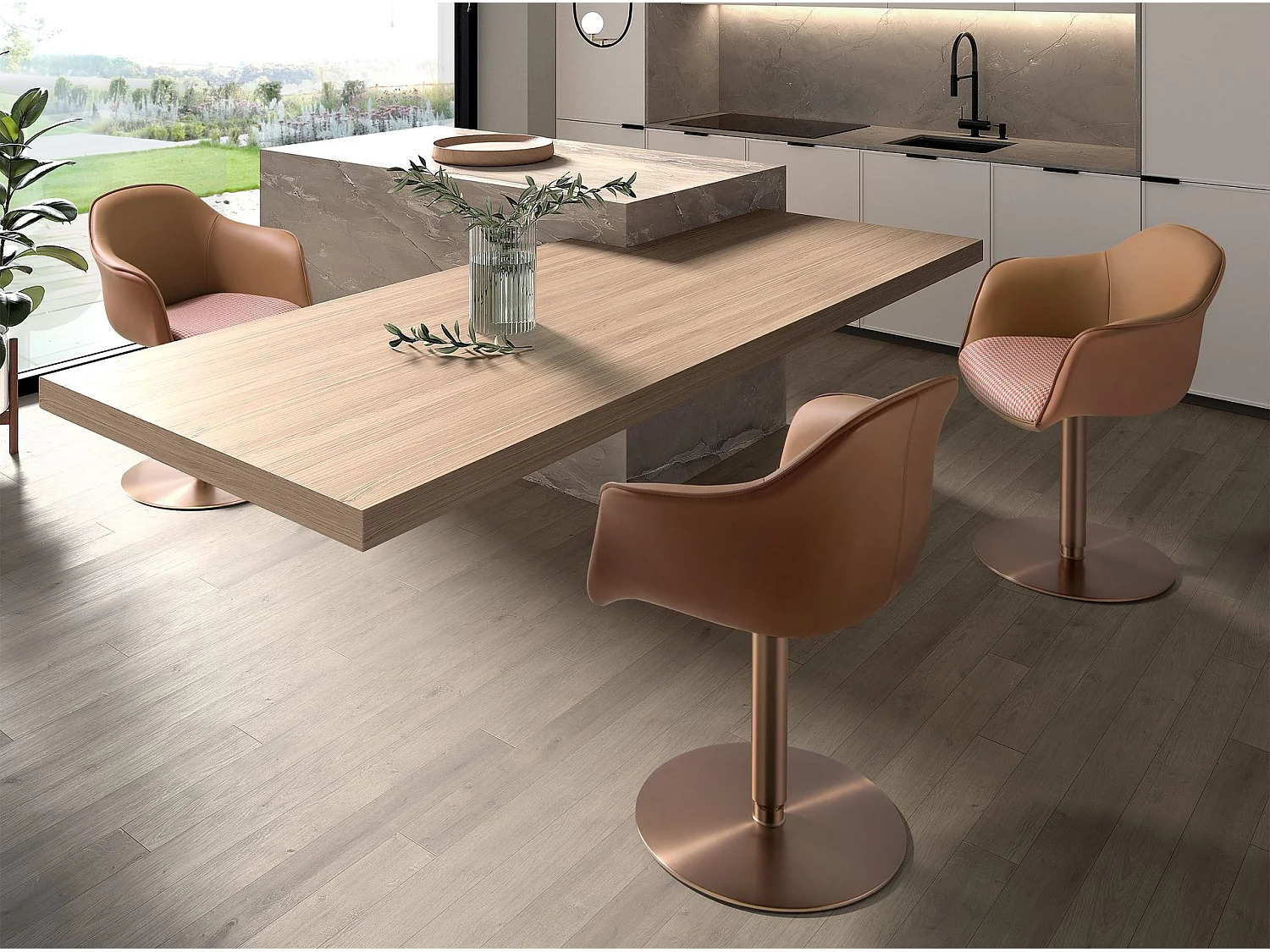 Chaise pivotante tissu marron terracotta et beige et similicuir marron 4235 ANGEL CERDA