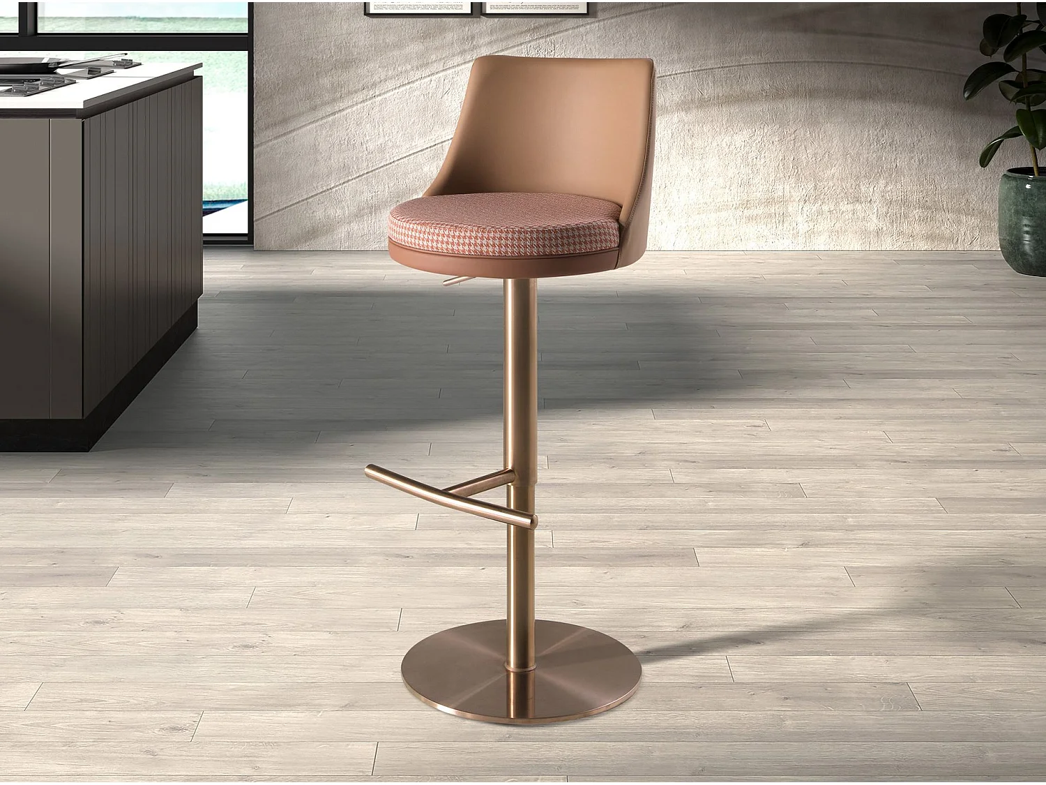 Tabouret pivotant en tissu marron terracotta et beige et similicuir marron 4229 ANGEL CERDA