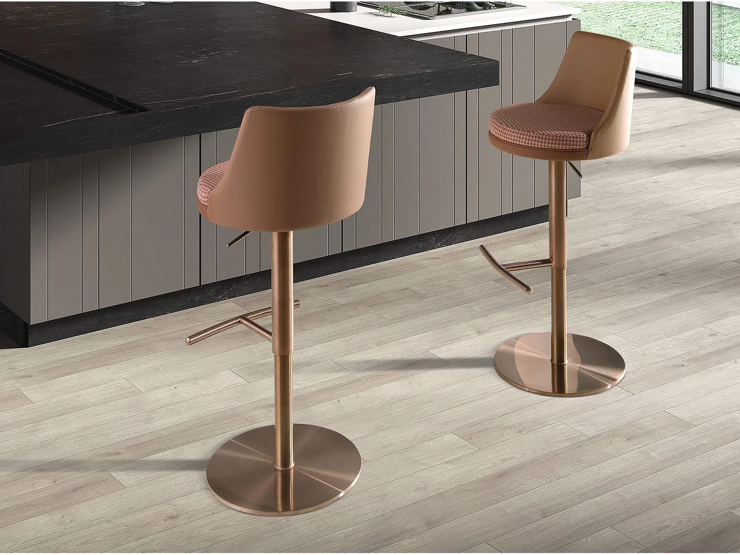 Tabouret pivotant en tissu marron terracotta et beige et similicuir marron 4229 ANGEL CERDA