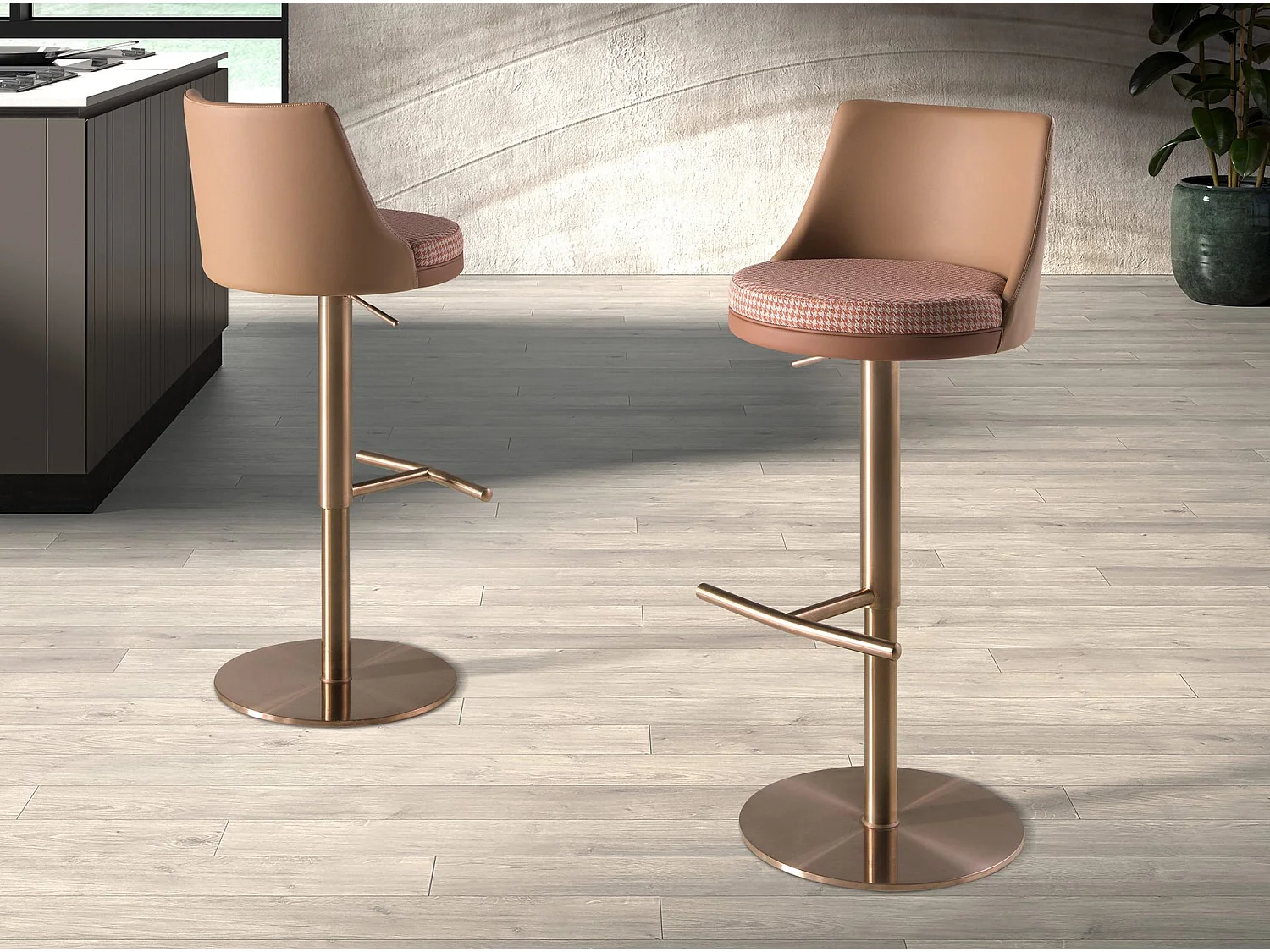 Tabouret pivotant en tissu marron terracotta et beige et similicuir marron 4229 ANGEL CERDA