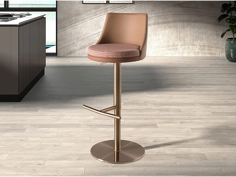 Tabouret pivotant en tissu marron terracotta et beige et similicuir marron 4229 ANGEL CERDA