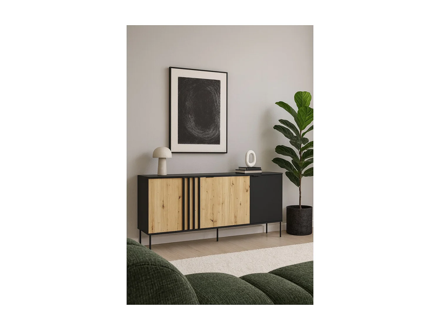 Buffet design IZO – 4 deuren – Onyx zwart & Licht eiken – 220x92x40 cm