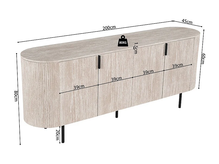 Buffet VAGOS – Coloris chêne clair – 4 portes – 200 cm – Grand bahut moderne – Rangement pratique